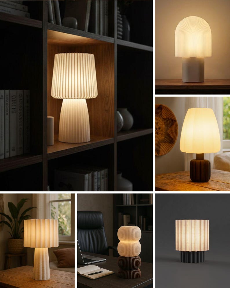 May include: A collection of table lamps featuring various designs, including fluted shades and bases in white, brown, and dark gray. The lamps emit a warm, soft glow, showcasing different shapes such as arched, cylindrical, and stacked spherical forms.