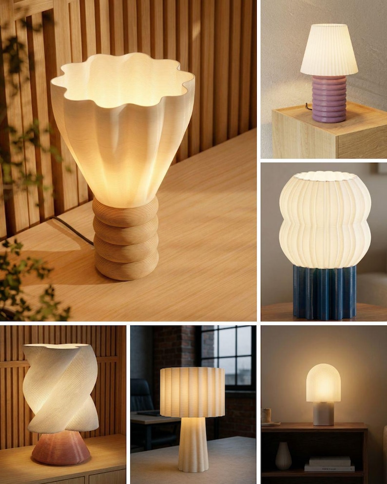 May include: A collection of six table lamps featuring various sculptural designs. The lamps include diverse shapes such as fluted, ribbed, and twisted shades paired with bases in colors like light wood, mauve, blue, pink, and white, all emitting a warm glow.