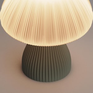 May include: A mushroom-shaped table lamp with a white pleated shade and a green ribbed base.