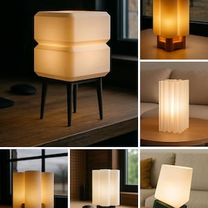 May include: A collection of six table lamps featuring various designs, including a stacked square lamp on black legs, a multi-cylindrical lamp on a wooden base, a fluted cylindrical lamp, and a tilted lamp on a dark green base, all emitting a warm glow.