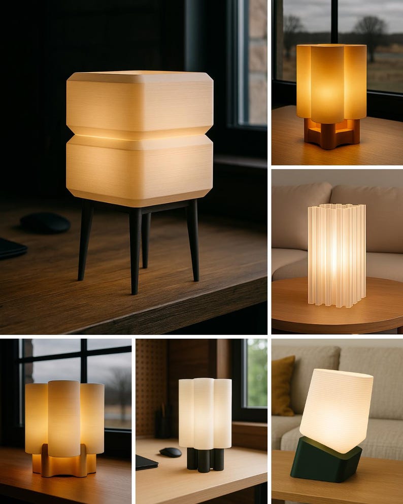 May include: A collection of six table lamps featuring various designs, including a stacked square lamp on black legs, a multi-cylindrical lamp on a wooden base, a fluted cylindrical lamp, and a tilted lamp on a dark green base, all emitting a warm glow.