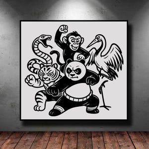 May include: Black and white illustration of a panda, monkey, tiger, snake, and crane in a fighting stance. The artwork is displayed on a square canvas, with a light gray background and a dark wooden floor.