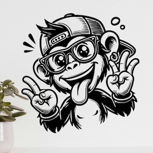 Cool Monkey Vector SVG | Funny Monkey Clipart | Hipster Ape Sticker | Peace Sign Cartoon | Monkey Digital Art | Retro Funky Chimp Design