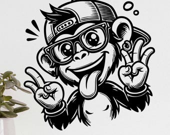 Cool Monkey Vector SVG | Funny Monkey Clipart | Hipster Ape Sticker | Peace Sign Cartoon | Monkey Digital Art | Retro Funky Chimp Design
