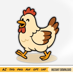 Cute Hen Chicken Cartoon Vector | Walking Farm Animal Clipart | Country Barnyard SVG PNG Eps Pdf DXF | Instant Digital Download