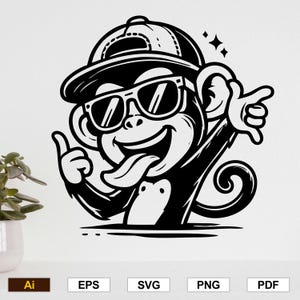 May include: A black and white illustration of a monkey wearing sunglasses and a backwards baseball cap. The monkey is sticking its tongue out and has a mischievous expression on its face.