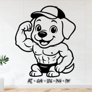 Muscle Puppy Dog SVG | Strong Cartoon Puppy Vector Clipart | Gym Dog Design for Cricut, PNG AI Eps Pdf | Workout Mascot Sticker Art