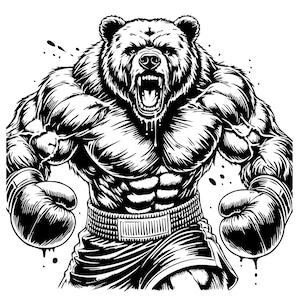 Puede incluir: Una ilustración en blanco y negro de un oso musculoso con guantes de boxeo y pantalones cortos. El oso tiene una expresión feroz y está listo para luchar.