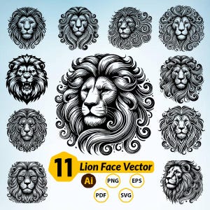 Lion Face Vector Bundle – 11 Hand-Drawn SVG, PNG, AI, eps, pdf | Roaring Lion Head Digital Clipart for T-Shirts, Tattoos, and Logos