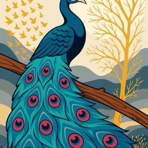 Arte mural de pavo real colorido / Impresión de arte de aves bohemias / Descarga digital / Decoración del hogar inspirada en la naturaleza / Obra de arte descargable al instante