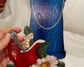 1990 39 s Tole Painted Blue Enameled Coffee Pot with Daisies Wooden Plaque.