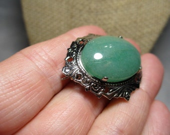 A Vintage, Nephrite Jade Large, Oval Cabochon Set in Orante, Silver Tone Bezel Brooch/Pin.