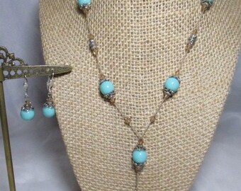 Vintage Set of Premier Designs Turquoise Like 10mm Beaded Necklace w/Earrings & Accents by Topaz Crystal Beads.