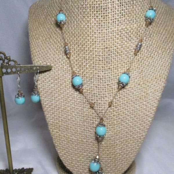 Vintage Set of Premier Designs Turquoise Like 10mm Beaded Necklace w/Earrings & Accents by Topaz Crystal Beads.