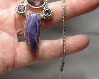 1990's Striated Amethyst Pendant with Semi-precious Jeweled accents Set in 925 Bezel on a 925 Box Chain.