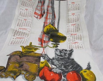 A 1973 Linen, Calendar Tea towel with a Curious Tabby Kitten in a  Colonial Like Kitchen.