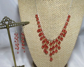 A Vintage Set of Blush Pink Tiny Crystal Beads Dangly Necklace with Matching Earrings on 925 Ear Wires.