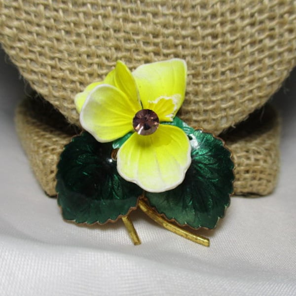 A 1960's Yellow Pansy Flower with Green Guilloche Enameled Leaves Brooch/Pin.