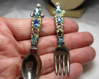 A Pair of Mid Century Miniature Spoon and Fork Brooches Each Set with colorful Rhinestone Accents.