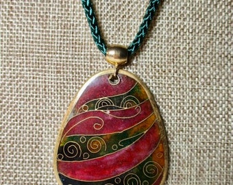 A Vintage Handmade Chinese Enameled Large Pendant of Burgundy, Green & Gold on  a Green Cord.