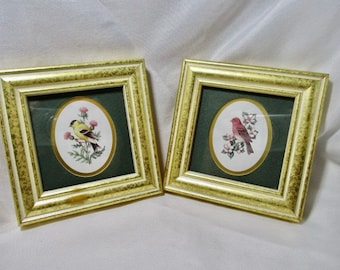 A Set of 1994 HEARTFELT COLLECTION Feathered Friends Goldfinch & Purple Finch Little Framed Art by Kathy Seek.