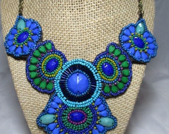 A Vintage Peacock Blue, Green and Turquoise Colored Beaded Bib Necklace.