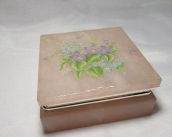 A Vintage Pink Marble Square Jewelry/Trinket Box with Purple & Blue Flowered Lid.