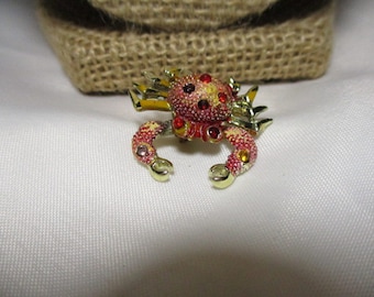 A 1960's Shimmering Red Crab Pin/brooch with Wiggly Claws and Rhinestone Accents.