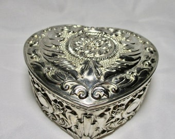 A 1980's Lovely Heart Shaped Silver Plate Jewel Box with A  Victorian Pattern with Hearts, Wings, Flowers & Scroll-works.