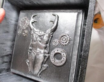 Hand Crafted STAG BEETLE Steampunk Art in Black and Silver.