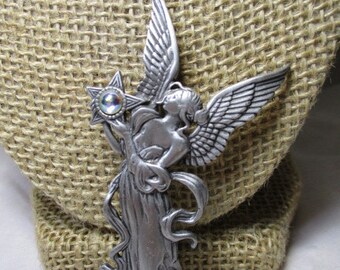 A Elegant Pewter-like Angel holding a Jeweled Star Pin/Brooch by J.J.