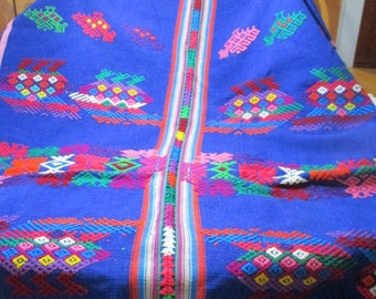 A 1980's Hand Woven Made in Peru Heavy Weight Blue with Colorful Pattern Throw,Wrap, Table Runner.