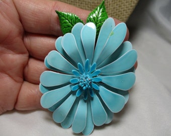 A Large, Vintage Turquoise Blue Metal, Enameled Flower Brooch,Pin with Green Leaves.