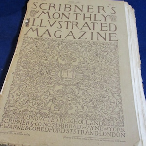 May include: A vintage copy of Scribner's Monthly Illustrated Magazine, Vol. XXII, June 1881. The tan cover features dark brown text and an intricate, symmetrical floral line art pattern surrounding a central circular emblem of an open book.