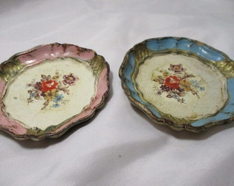 A Pair of Vintage Venetian Pink and One Blue with Flowered Centers Coasters.