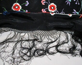 A 1980's Shimmering, Black Fringed Colorful Floral Embroidered Spanish Dancer Shawl/Wrap.