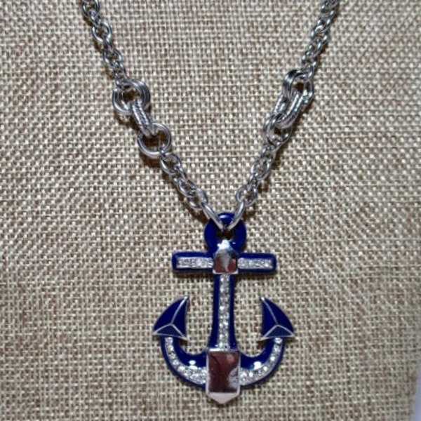 A 2001 Navy Blue & Silver Toned Anchor's Away Pendant Accented with Sparkling Rhinestones.