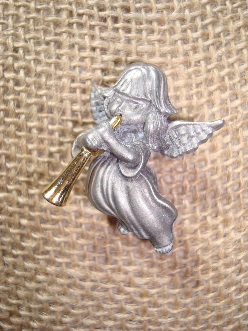 Vintage Pewter Tone Little Angel with Golden Trumpet Pin.