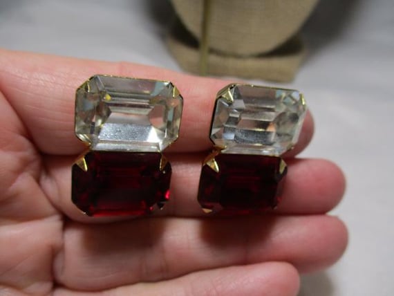 A Pair of Large Jeweled Like Ruby Red and Clear S… - image 1