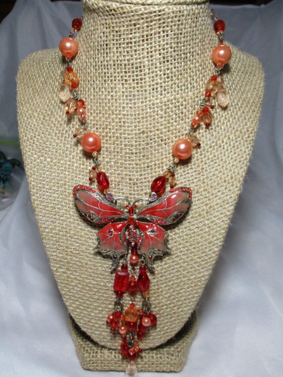 A 1990's Red & Peach Enameled Butterfly Necklace A