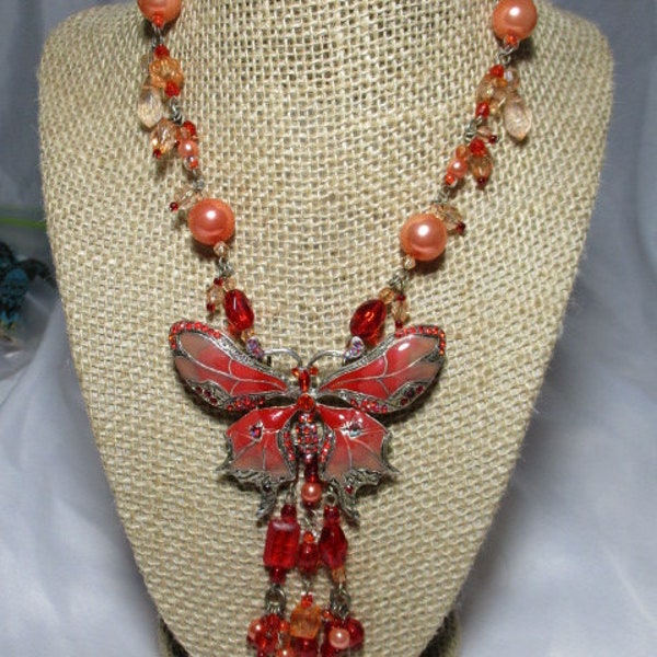 A 1990's Red & Peach Enameled Butterfly Necklace Accented with Rhinestones, Facetted Beads and Faux Pearl.s