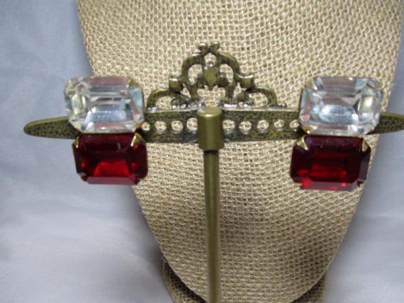 A Pair of Large Jeweled Like Ruby Red and Clear S… - image 3