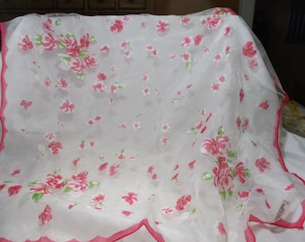 A Vintage-New 1960's Sheer Made in Japan Scarf with Red Scalloped Border and Pink & Red Flowers All Around.