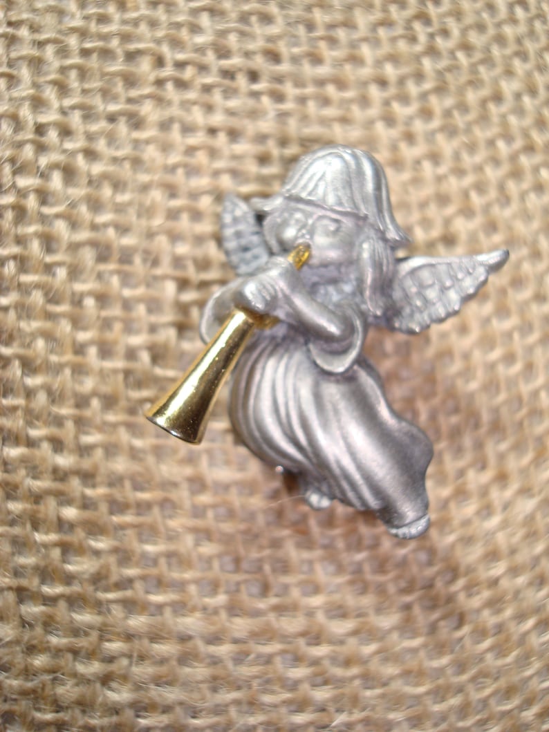 Vintage Pewter Tone Little Angel with Golden Trumpet Pin.