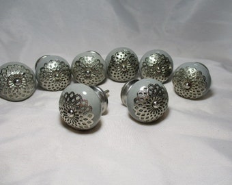 A Set of Eight, Light Gray with Metal Filagree Overlays Ceramic Drawer Knobs Cabinet Knobs.