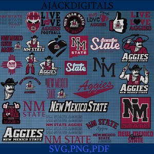 May include: A selection of New Mexico State Aggies themed graphics in maroon and white on a blue background. Designs include logos, text, and illustrations of a cowboy with the text "NM State Aggies". The image also includes the text "SVG, PNG, PDF".