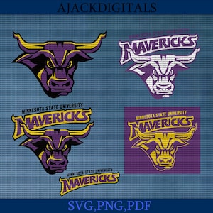 Op de afbeelding: Een paars en goud logo van de Minnesota State University Mavericks met een stierenkop met hoorns. De tekst "MAVERICKS" is in geel en de tekst "MINNESOTA STATE UNIVERSITY" is in wit.