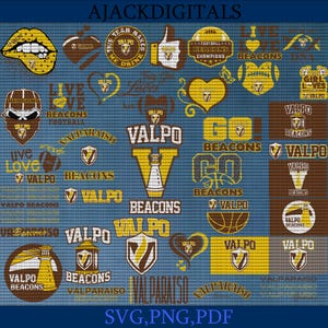 May include: A collection of digital designs featuring the Valparaiso University Beacons logo. The designs include various colour combinations and arrangements of the logo, text, and other graphic elements. The text includes "Valpo Beacons", "Valparaiso", "Live Love Valpo", "Go Beacons", and "This Team Makes Me Drink".