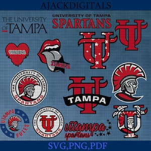 May include: A collection of University of Tampa Spartan logos in red and white. The logos include a Spartan helmet, a stylised "U" with stars, and a circle with the words "The University of Tampa Spartans".