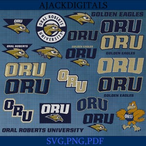 Puede incluir: Una descarga digital de 12 diseños diferentes con el logotipo de la Universidad Oral Roberts. Los logotipos son de varios colores, incluyendo oro, azul y blanco. El texto "ORU" se presenta de forma destacada en cada diseño. El texto "Golden Eagles" también se presenta en algunos de los diseños. El texto "Oral Roberts University" y "SVG, PNG, PDF" también se incluyen en la imagen.